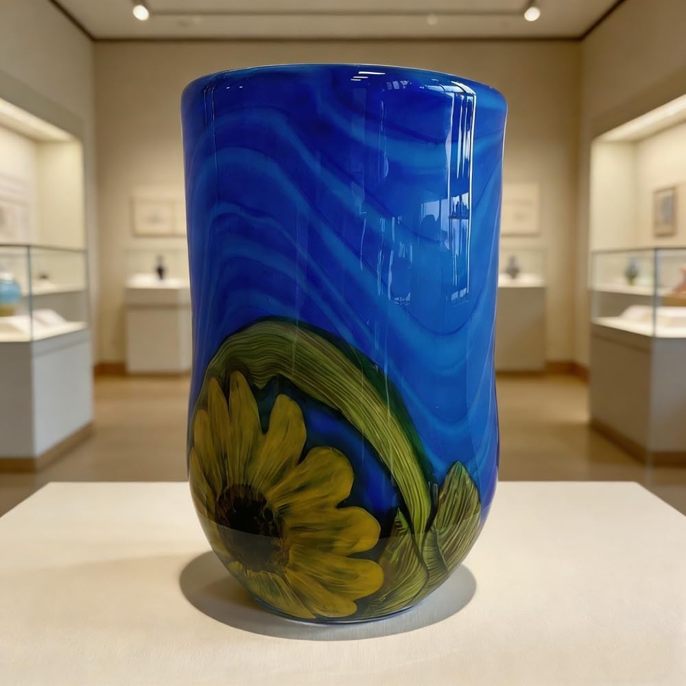 Hand Blown Art Glass Sunflower Vase - 13.78" Tall Mouth-Blown Artistic Sculpture with Vibrant Colors & Accents - Rich
