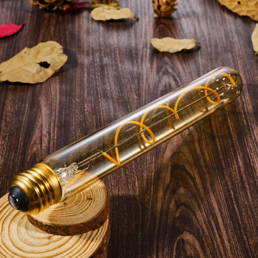 Vintage LED Spiral Filament Bulb T10, 8.9inch Long Tubular Dimmable Edison Light Bulbs,E26 Base,Amber Glass,Warm