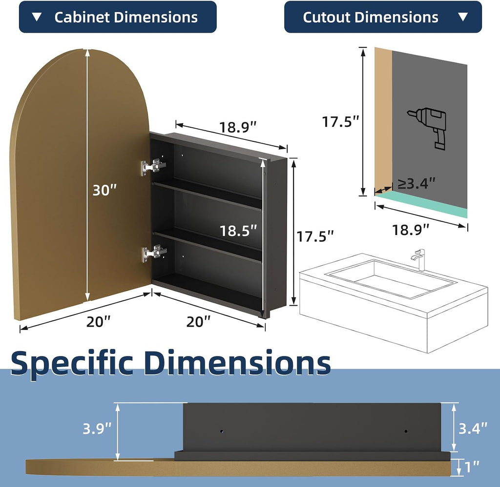 Medicine Cabinets , Gold Arched Medicine Cabinet Recessed or Surface Wall-Mounted,Modern Bathroom Vanity Mirror with