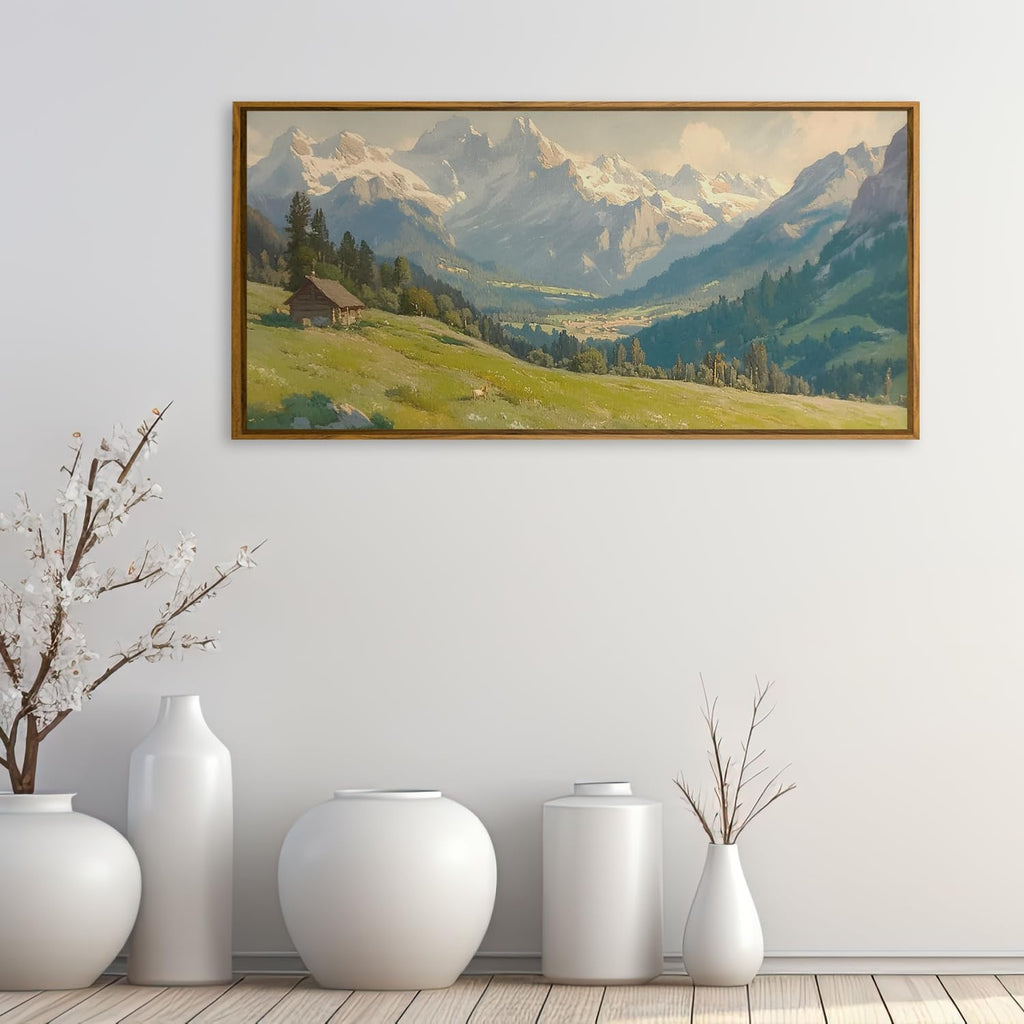 Snowy Mountain Wall Art, Framed Vintage Countryside Art Print
