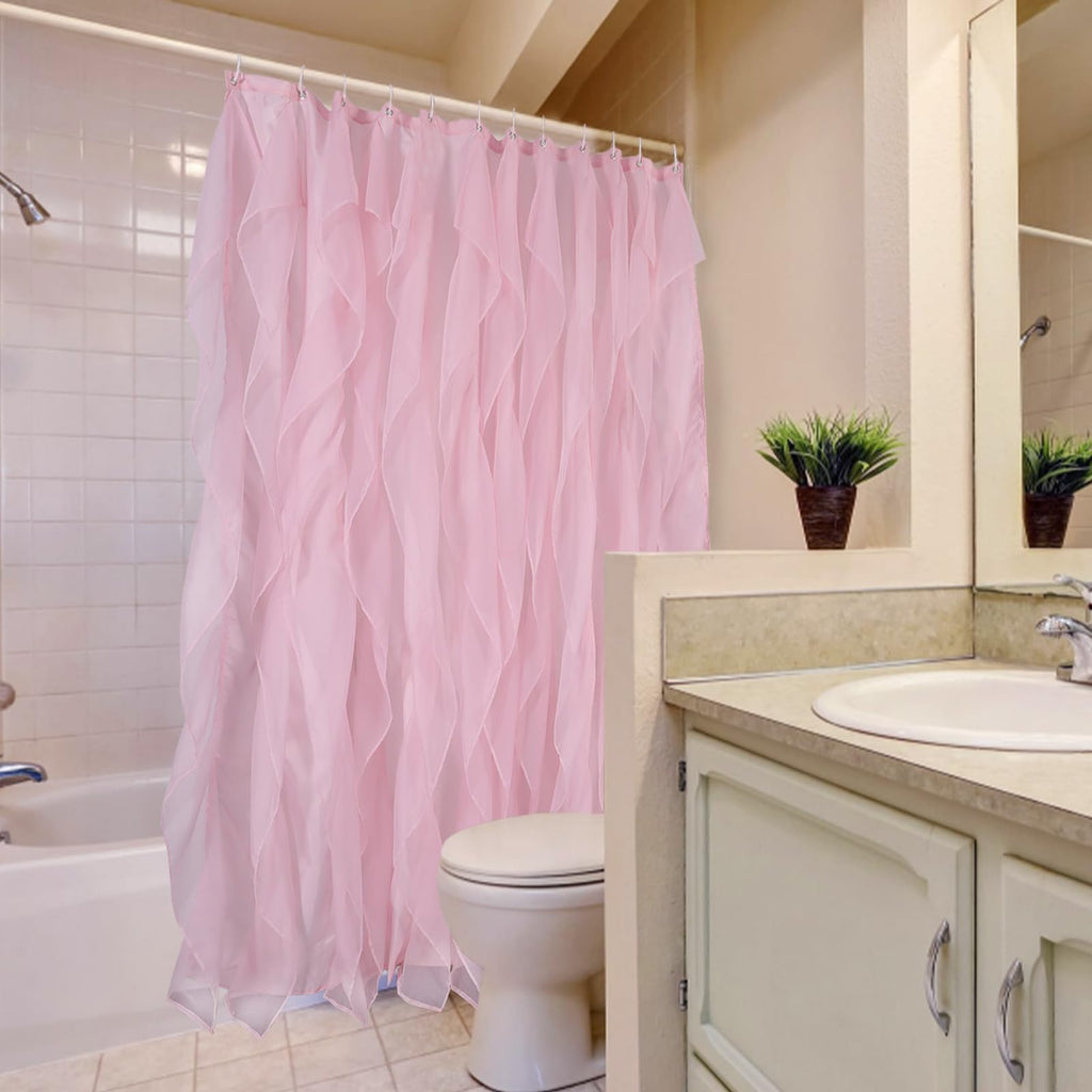 Pink Ruffle Shower Curtains Sheer, 72in Long