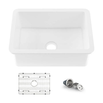 27-inch Fireclay Undermount Kitchen Sink | Single Bowl with Bottom Grid and Strainer | Heat-Resistant Glazed Sink