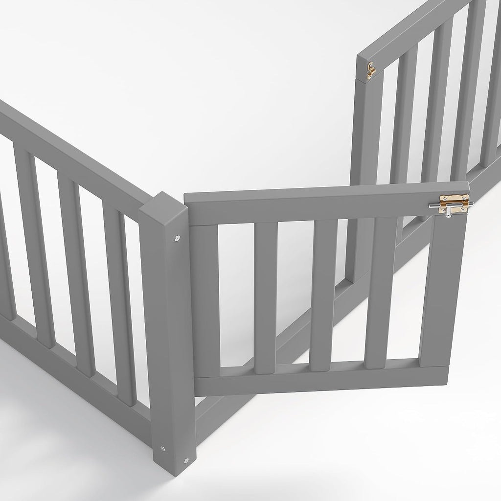 Queen Size Floor Bed with Detachable Door, Wood Kids Floor Bed Queen with Full-length Guardrails, Montessori Floor