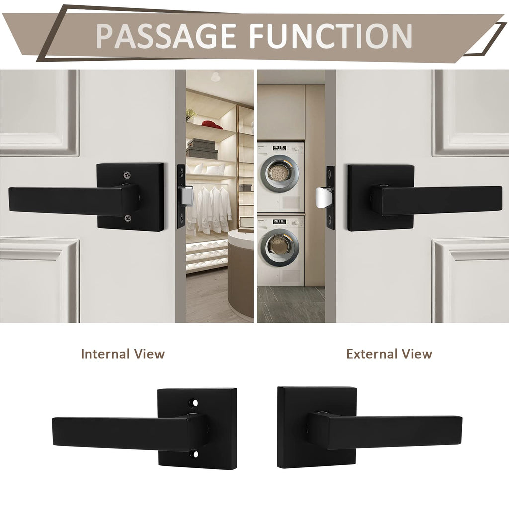 2 Pack Black Passage Door Levers Square Lever Non-Locking Lever Set Interior Keyless Door Handles Door Lock Doorknobs