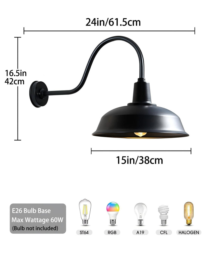 15 Inch Gooseneck Barn Light Outdoor, Matte Black Farmhouse Wall Light for Porch and Garage, ETL Listed