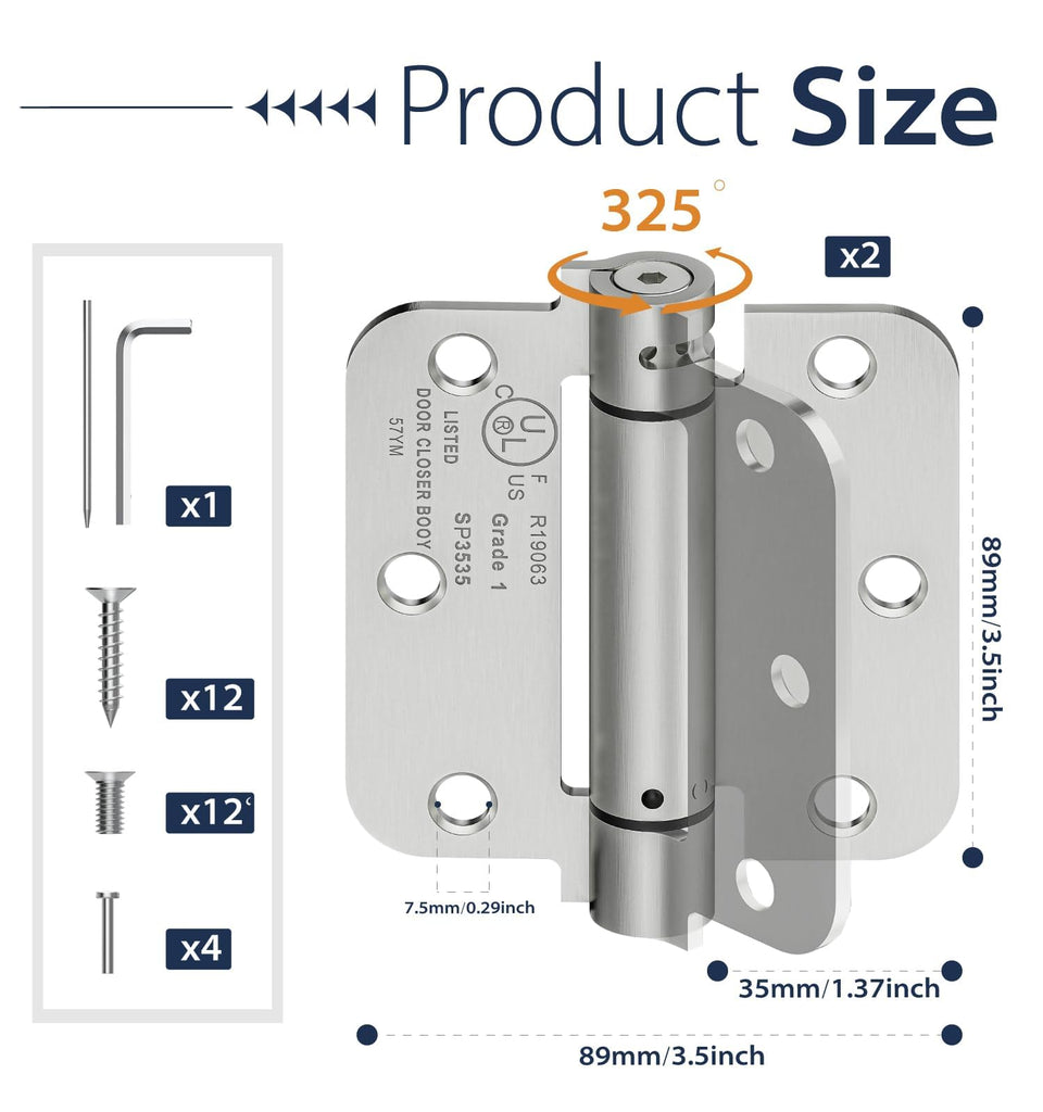 2-Pack 3.5 Inch Self Closing Door Hinges, 5/8" Radius Corners, Brushed Nickel