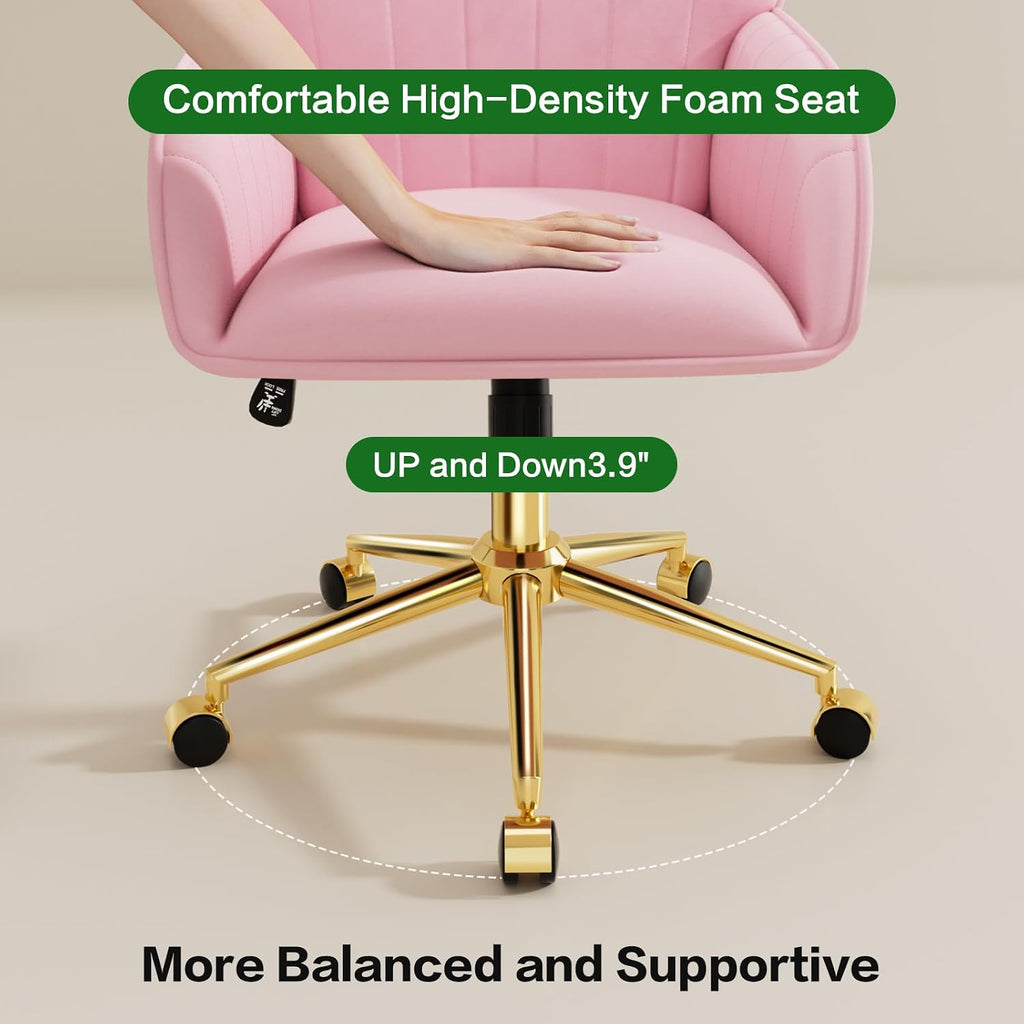 Pink Velvet Desk Chair with Pillow, Upholstered Home Office Desk Chair Makeup Vanity Chair with Swivel Wheels