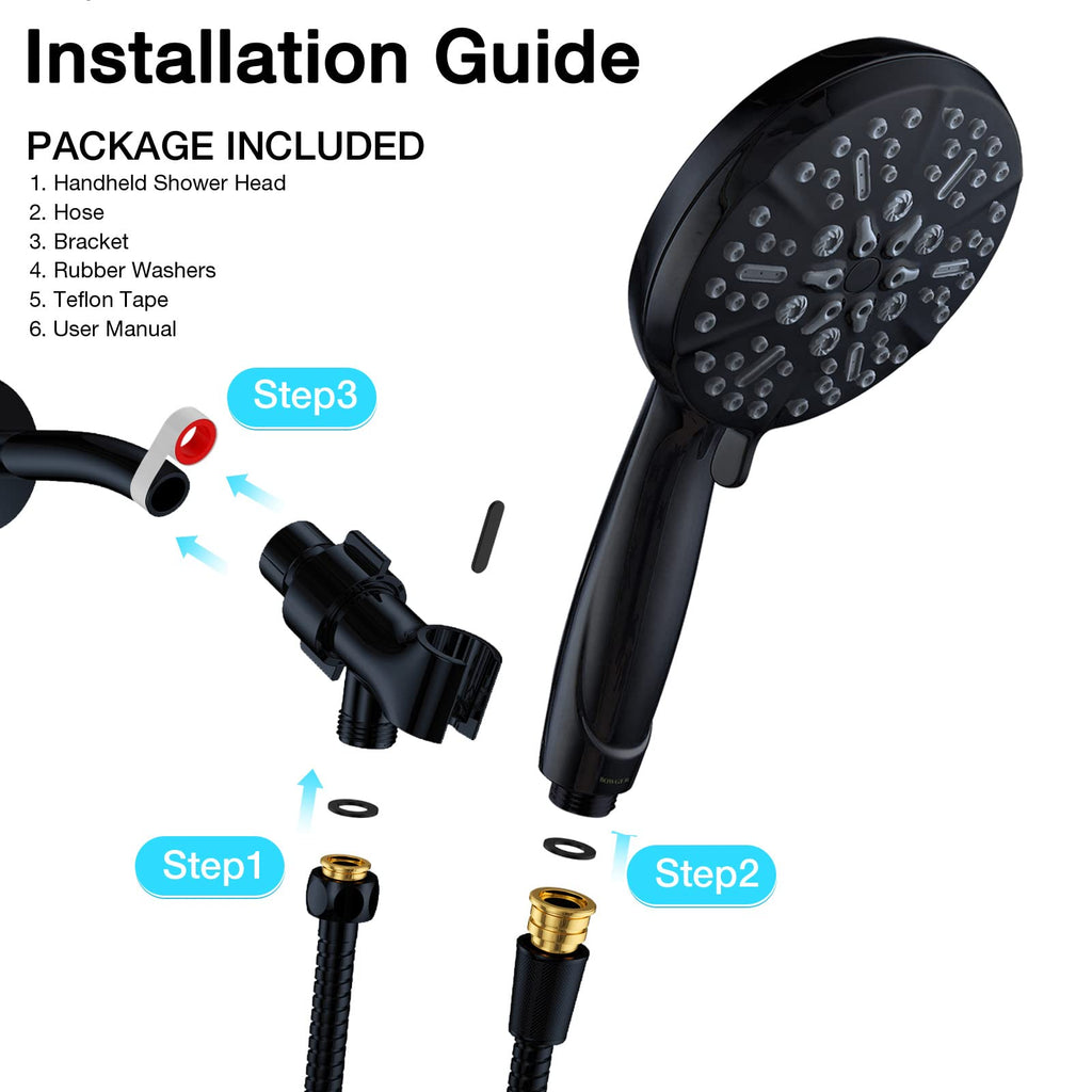 Matt Black Shower Head with Handheld Spray High Pressure-Multifunction Strong Flow Rain Massage Showerhead with Extra