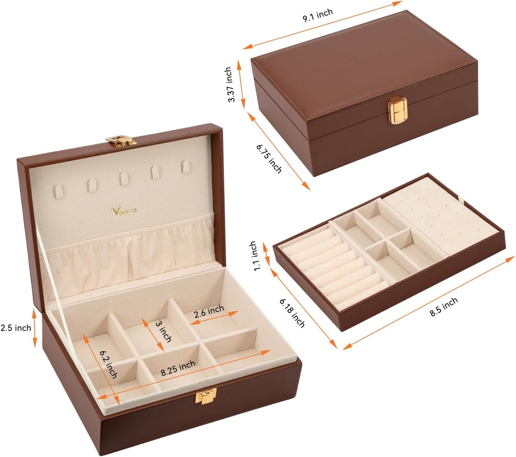 2 Layer Jewelry Box Organizer with Removable Tray, Vintage Gift, Coffee