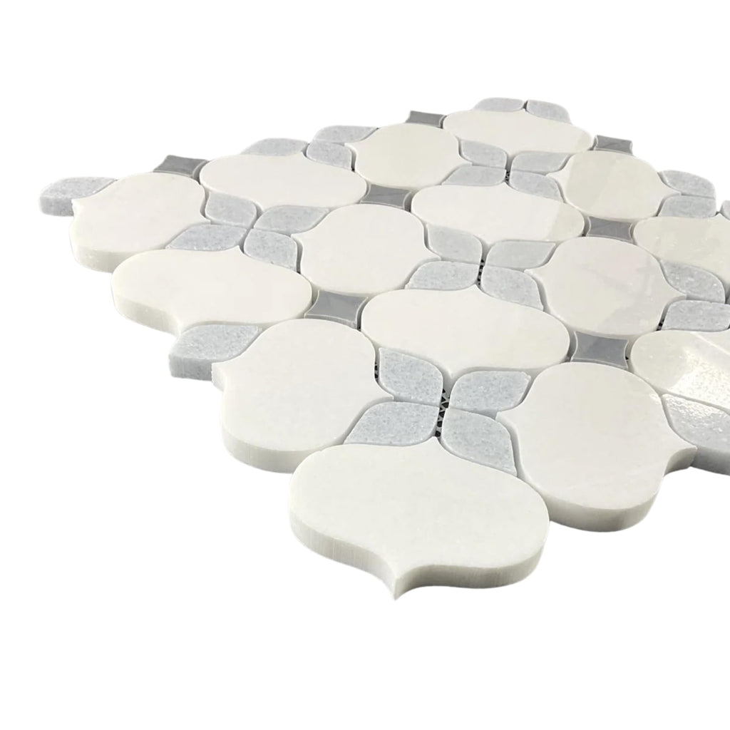White Marble Arabesque Mosaic Tile with Blue Decorative Inlay 12x12 - Polished Natural Stone Wall & Floor Tile