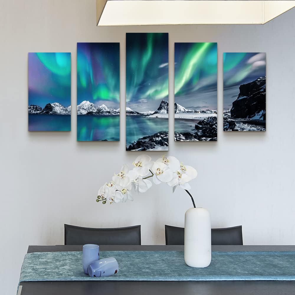 Large Canvas Wall Art Set - Blue Aurora Scenery Paintings - Modern Canvas Art Prints Ready to Hang - 5 Piece Set