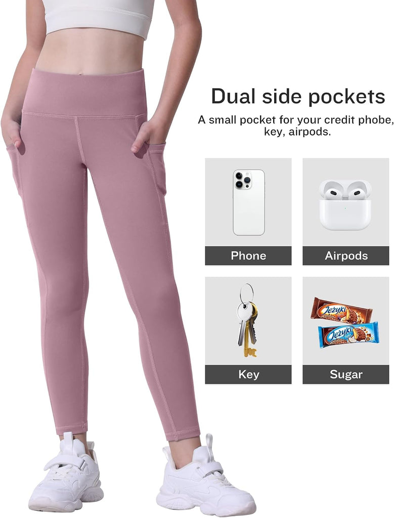Girls' Athletic Leggings with Pockets, 5 Packs Kids Teen Dance Yoga Workout Running Pants