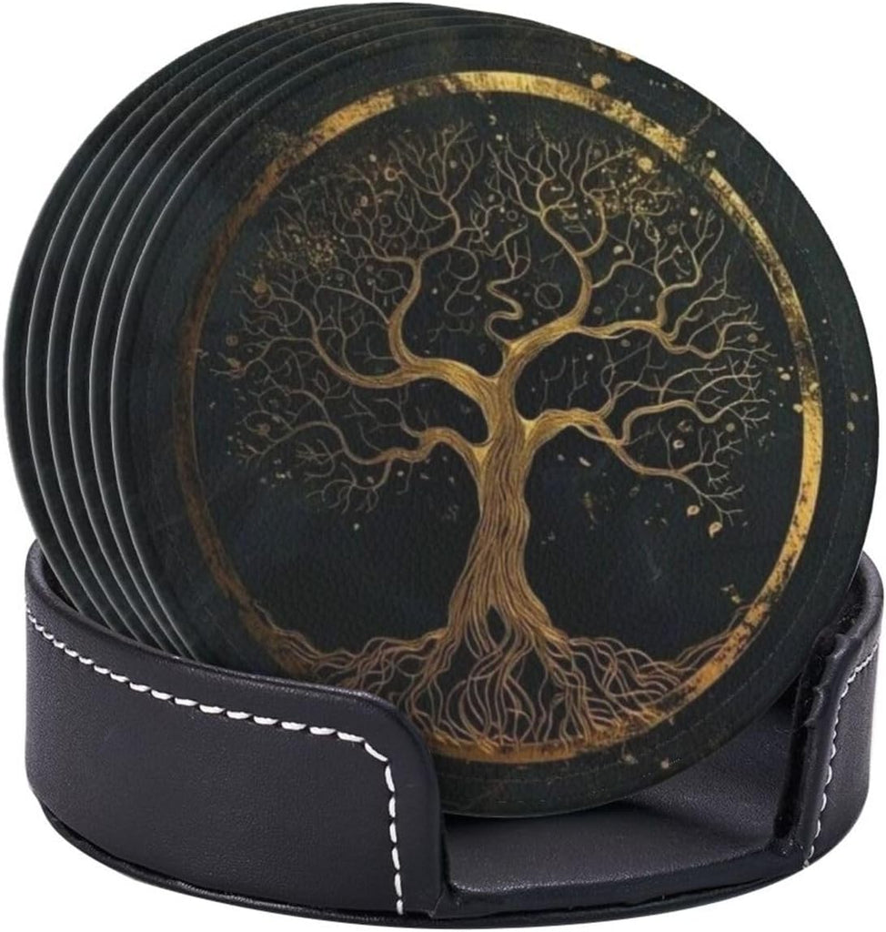 Drink Coasters with Holder Stand, Marble Gold Tree of Life Pu Leather Absorbent Coasters with Cork Base - Set of 6
