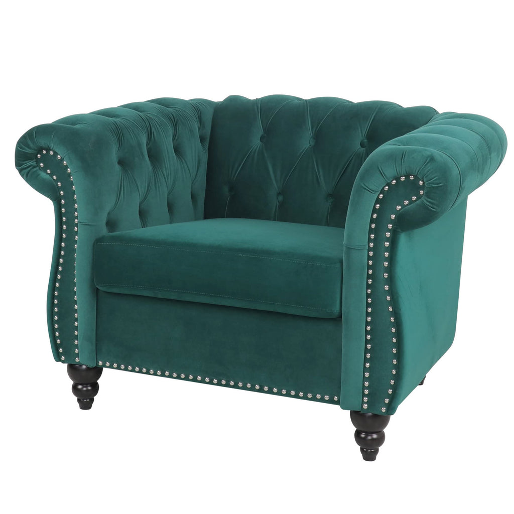 Velvet Chesterfield Chair, Mid-Century Modern Single Sofa Chair with Button Tufted Backrest and Nailhead Decor