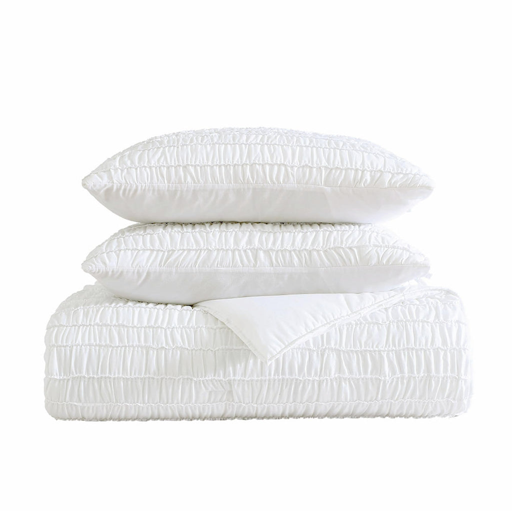 Quilt Set, Reversible Cotton Bedding with Matching Shams, Beautifully Ruched Home Decor for All Seasons (Seren