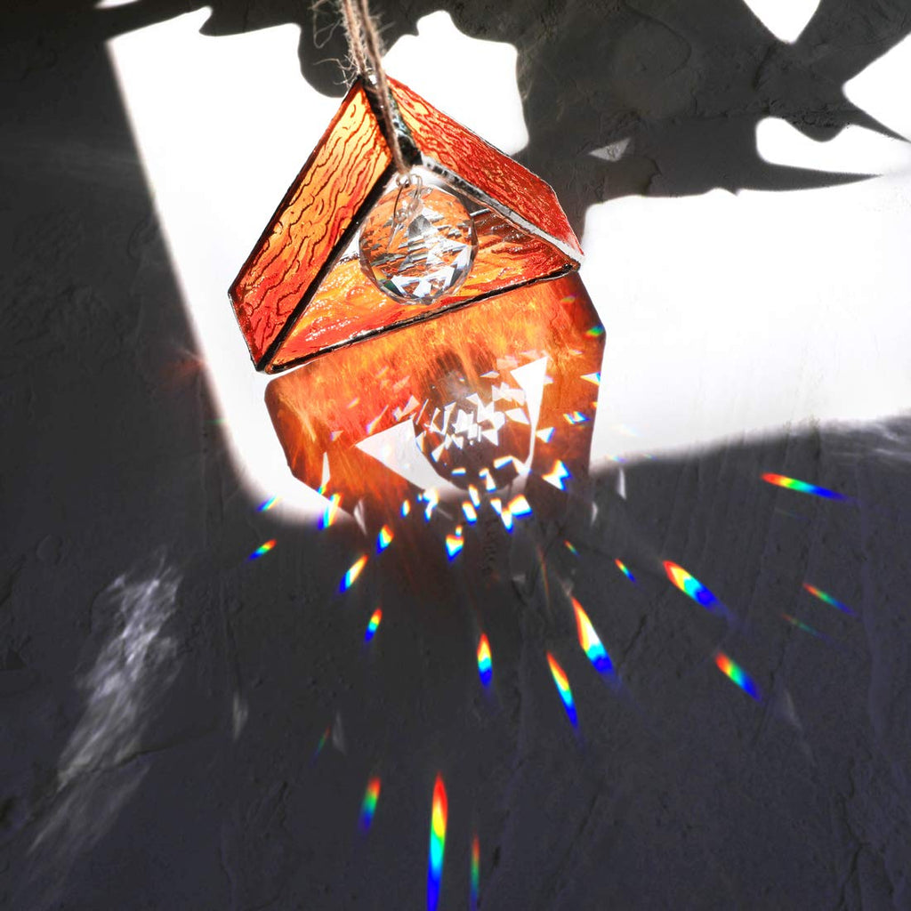 Orange Stained Glass Pyramid Suncatcher with Crystal Ball