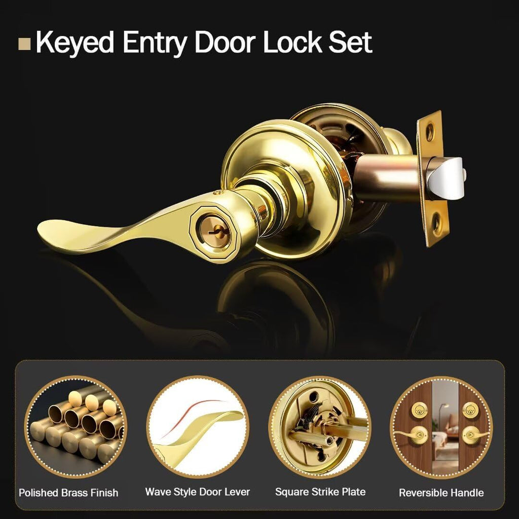 Keyed Entry Door Lock Set with Single Cylinder Deadbolt, Polished Brass Keyed Alike Door Handle with Lock - Door Lever