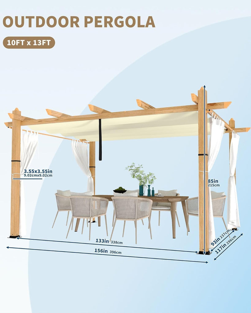 10 x 13 FT Patio Pergola, Aluminum Patio Gazebo with Retractable Sun Shade &Side Mesh