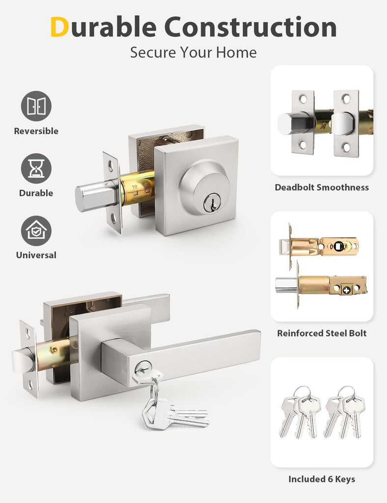 4 Pack Brushed Nickel Keyed Alike Front/Exterior Door Levers with Single Cylinder Deadbolt, Square Entry Door Knob