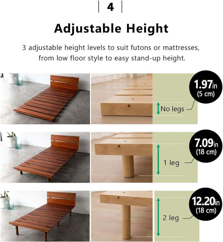 Wood Slatted Floor Bed Frame for Japanese Futon Mattress (Retro-Brown), Head Board Height Adjustable