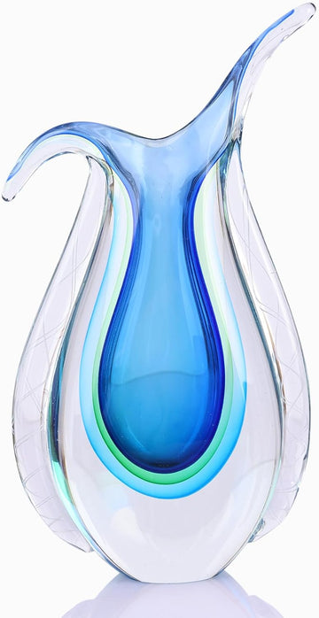 Blown Glass Blue vase, Unique Murano Style Glass Art Deco vase TV Stand, Table Setting, Office, Room and Desktop
