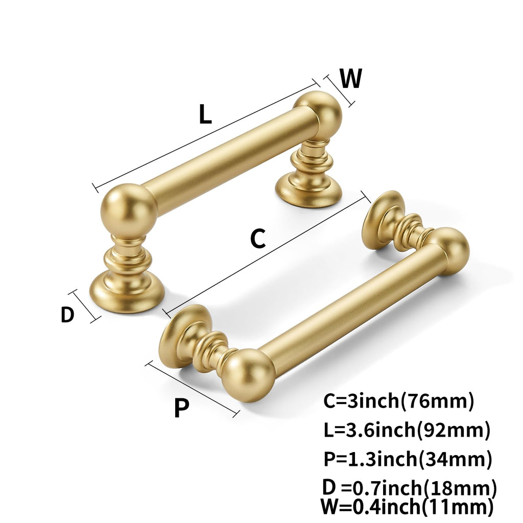 10 Pack 3 inch(76mm) Hole Center Brushed Gold Cabinet Pulls Solid Heavy-Duty Matte Gold Kitchen Cabinet Hardware for