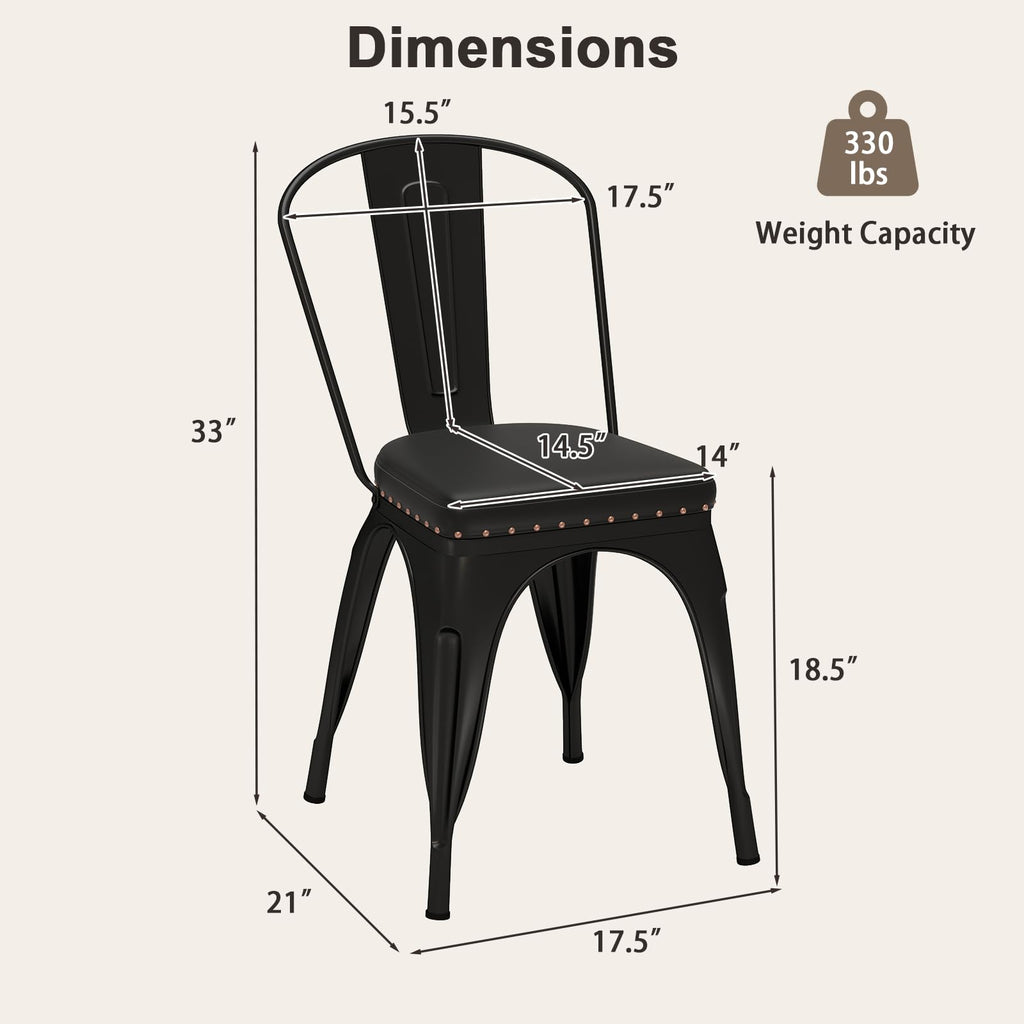 Metal Dining Chairs Set of 4, Stackable Armless Kitchen Side Chair with Detachable Backrest & PU Leather Padded Seat
