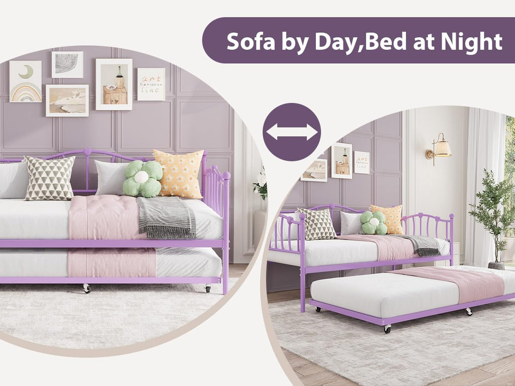 Twin Daybed with Trundle, Metal Sofa Bed Frame with Steel Slat Support, Twin Size Space-Saving Furniture, Love Heart