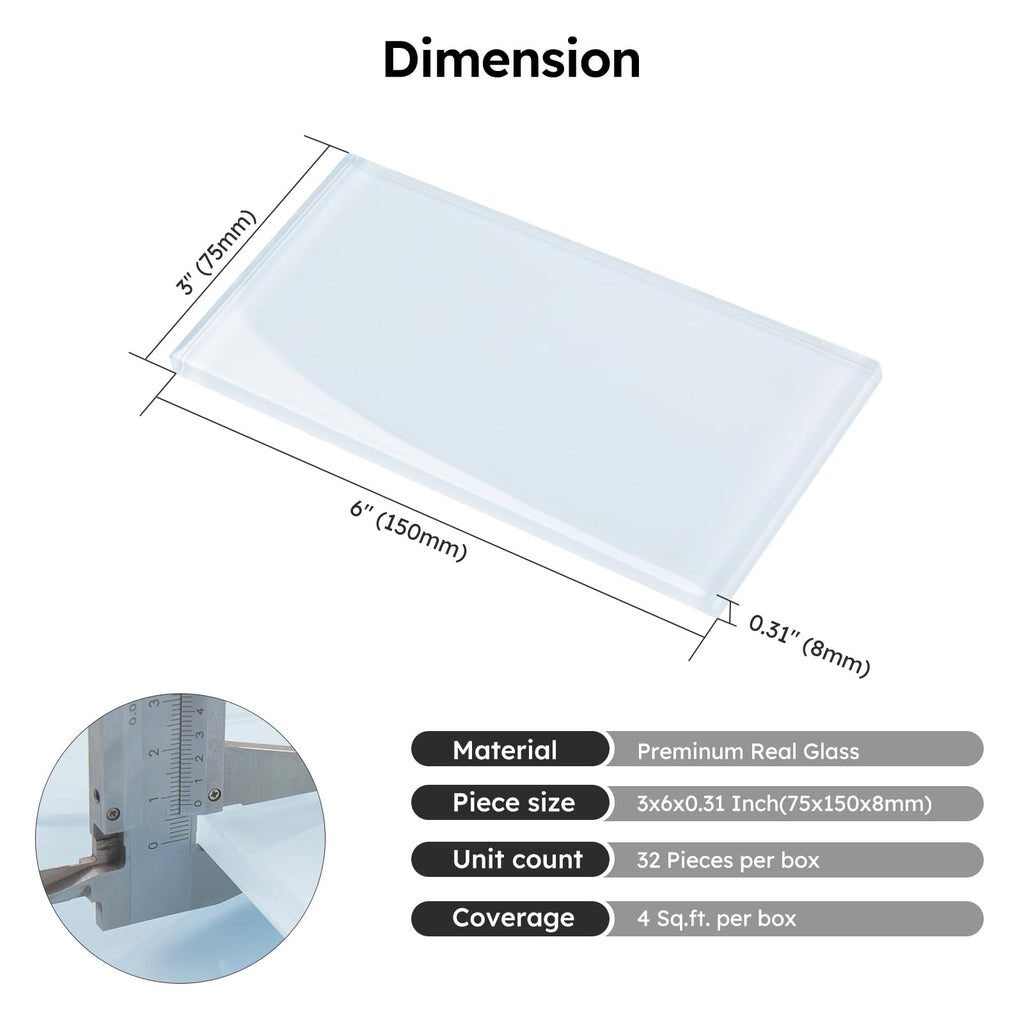 Light Blue Glass Subway Tile, 3x6 Inch, 4 Sq.Ft, Glass Backsplash Tile Shower Bathroom Wall, Pack-32 Pcs