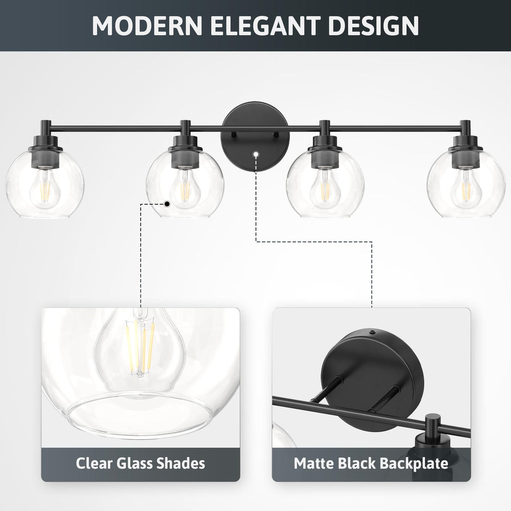 4 Light Bathroom Vanity Light Fixtures, Black Finish