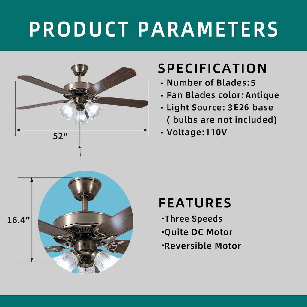 52 Inch Indoor Ceiling Fan with Pull-Chain and Three LED Light Bulbs Base, Traditional 3-Speeds Reversible Blades
