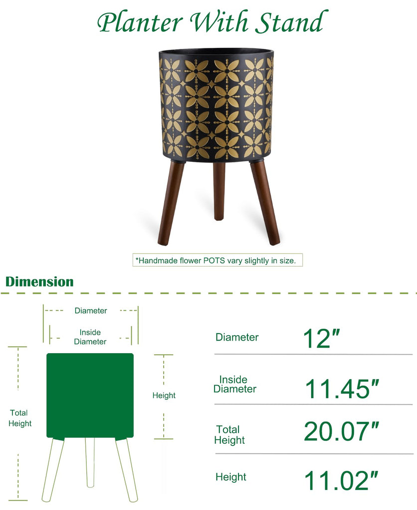 12 Inch Planter Pot with Stand, Planter for Indoor Plants, Drainage Holes and Rubber Plug, Modern Mid-Century Flower
