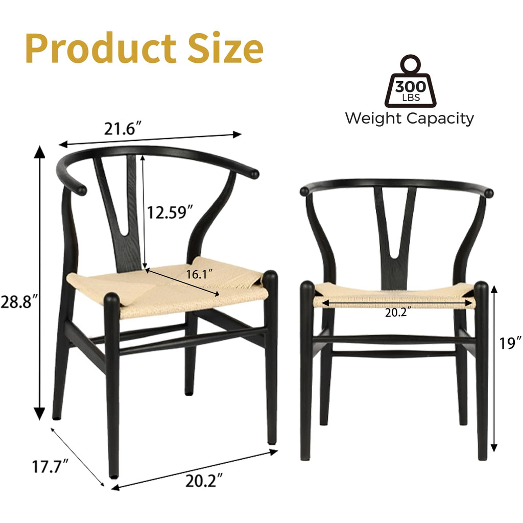 Wishbone Chairs Set of 2, Dining Chairs (Black Frame + Natural Cord)