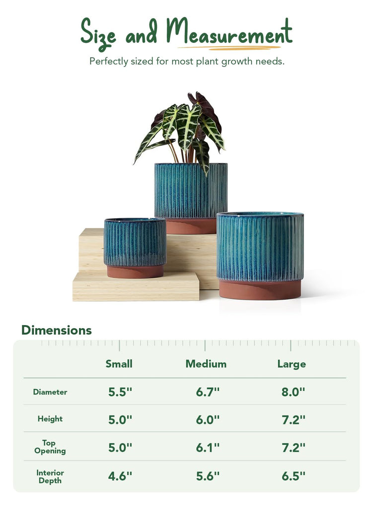 Ceramic Plant Pots with Drainage Holes, Set of 3, 8+6.7+5.5 Inch Stripe Garden Planter Pots for Outdoor Indoor Plants