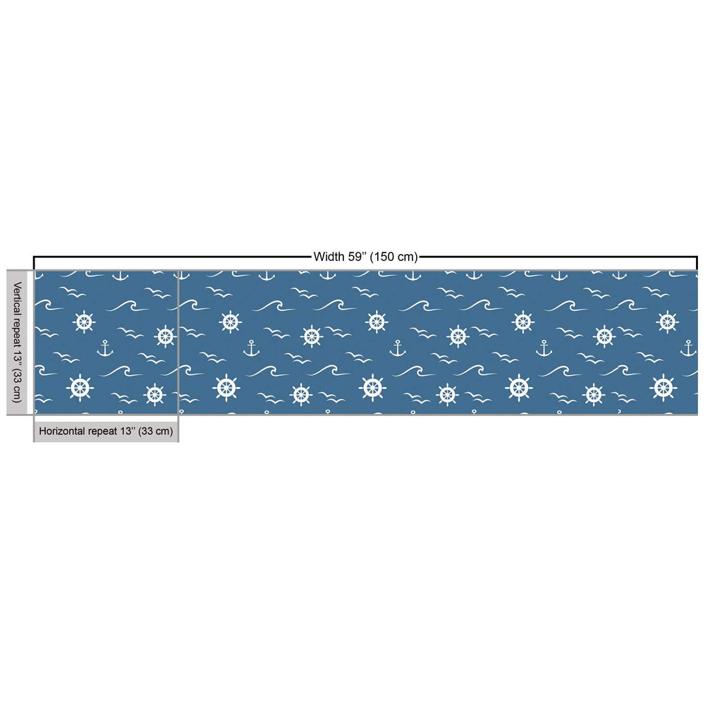 Nautical Blue Fabric by The Yard, Monochromatic Art of Marine Wheel Anchor and Waves Repetition Print, Decorative