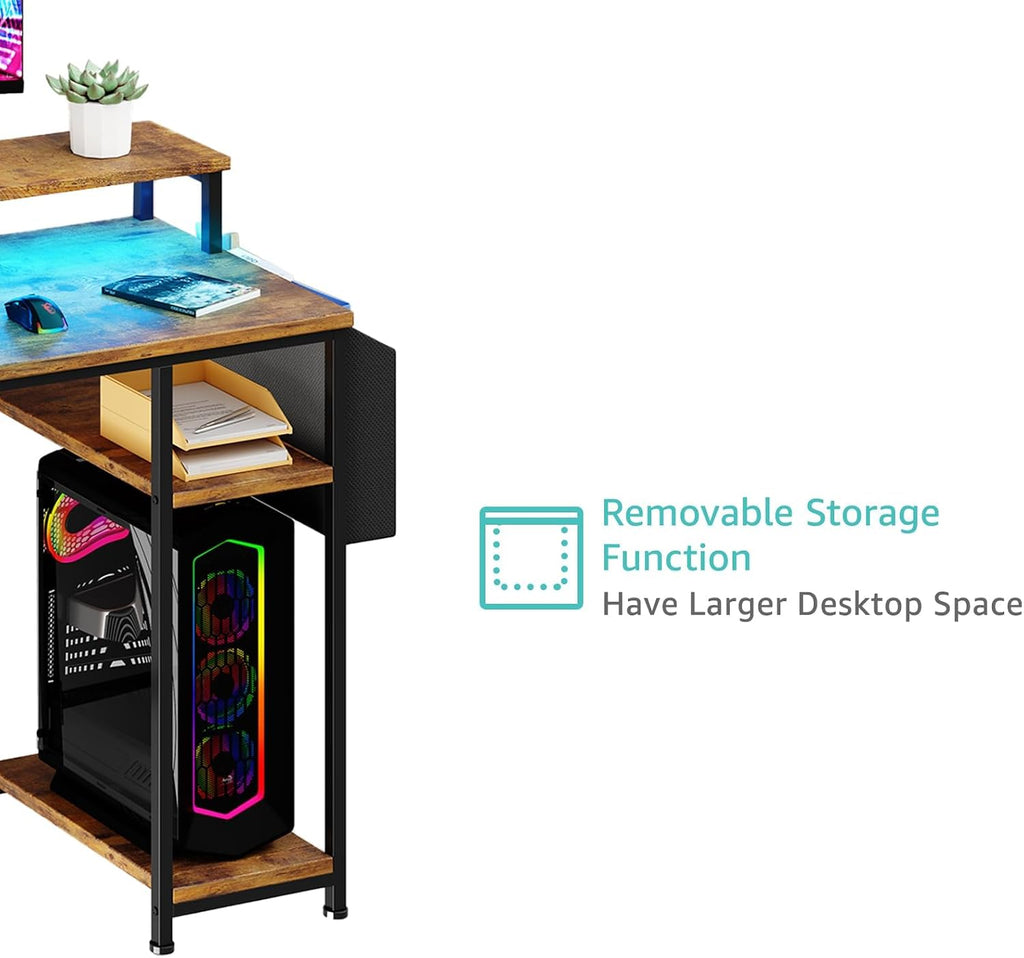 Gaming Desks with Led Lights and Power Outlets, 55 Inch Study Writing Computer Desk with Fabric File Drawers Cabinet