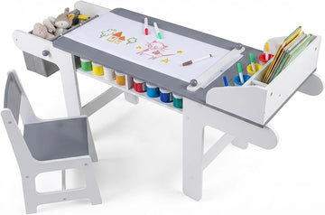 Kids Art Table and Chair Set, Wooden Craft Table with Paper Roll