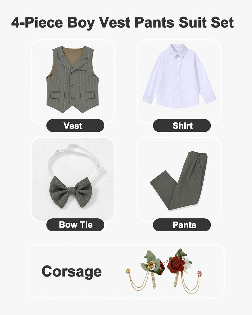 Boys Dress Clothes Piece Formal Suit Set, Vest, Pants, Dress Shirt, Bowtie and Boutonniere Kids Wedding Outfit