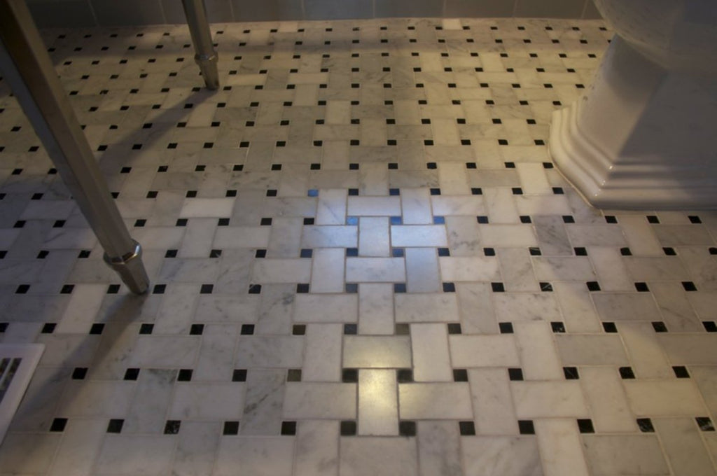 Italian White Bianco Carrera Large Size Big Basketweave Mosaic Tile with Nero Black Dots Honed