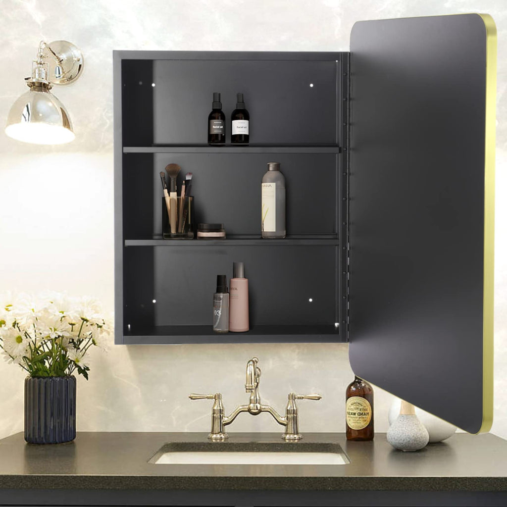 Mirror Medicine Cabinet 20 Inch x 28 Inch Gold Metal Framed Bathroom Medicine Cabinet with Mirror Rectangle Recess or