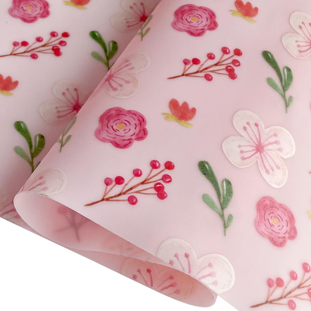 Flower Printed Pink Blossom Jelly Vinyl Roll 12"×54" Floral Translucent PVC Vinyl Fabric 0.7 mm for DIY Crafts Sewing