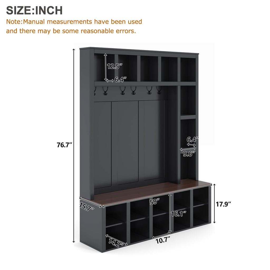 Hall Tree with Bench & Shoe Storage, Farmhouse Wood Coat Rack, Black