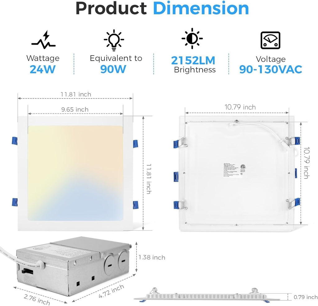 4 Pack 12 Inch Square LED Recessed Lighting, 24W, 5CCT, Ultra-Thin
