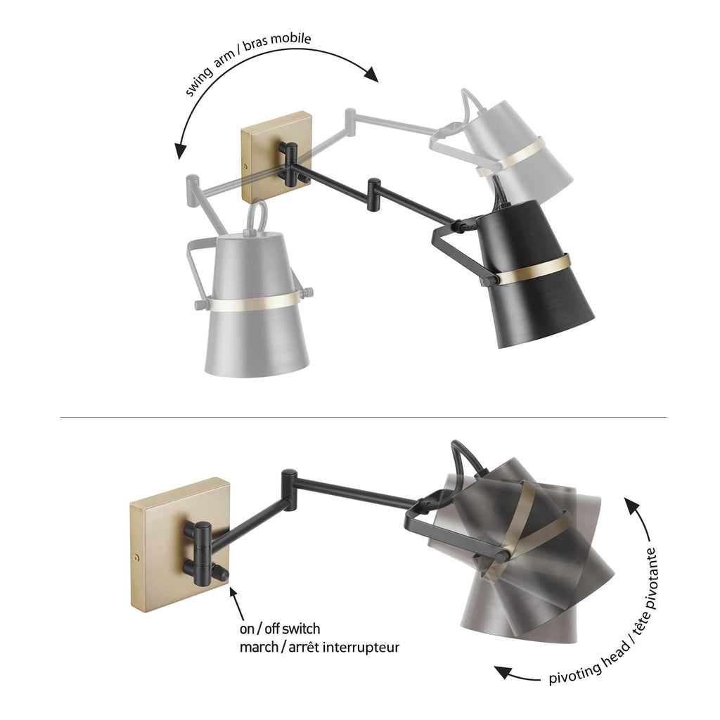 Plug-in or Hardwire Swing Arm Wall Sconce, Matte Black, Brass Accents, 6ft Woven Fabric Cord, Flat Plug