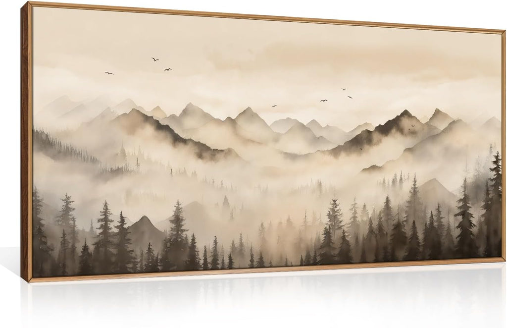 Neutral Misty Mountain Forest Framed Canvas Wall Art Set,Nature Foggy Pine Tree Landscape Wall Decor,Watercolor Beige