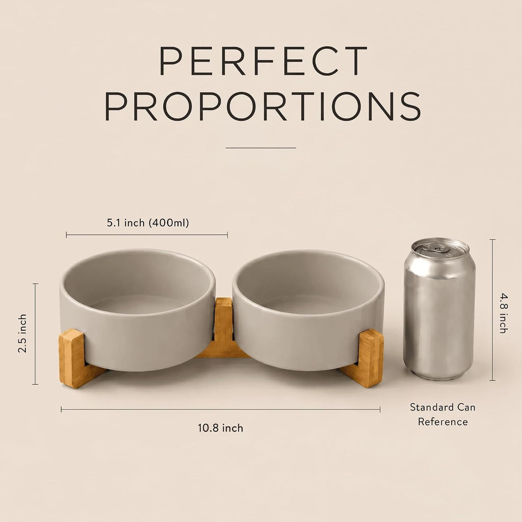 Ceramic Dog and Cat Bowl with Wood Stand Non-Slip Matte Glaze Weighted Food Water Set for Cats &Small Dogs 13.5OZ