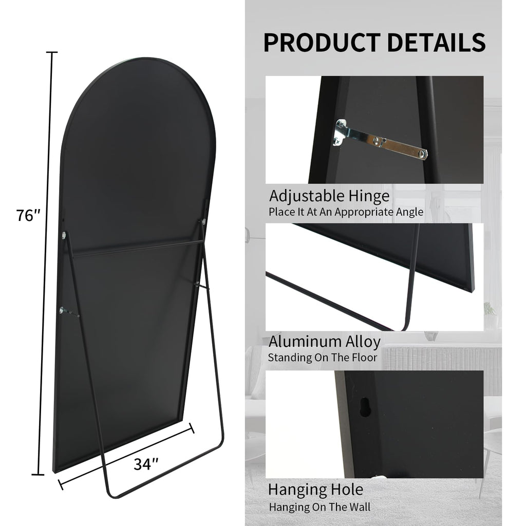 76" x 34" Arched Full Length Mirror with Stand, Black Floor Mirror