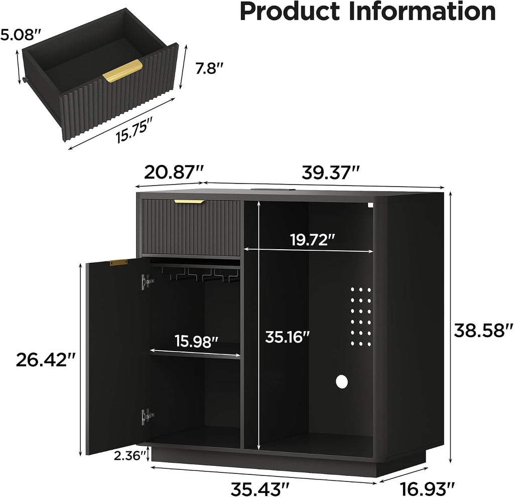 Mini Fridge Cabinet with Wine Storage & Power Outlet, Black | Coffee Bar Cabinet with Mini Fridge Space, Liquor