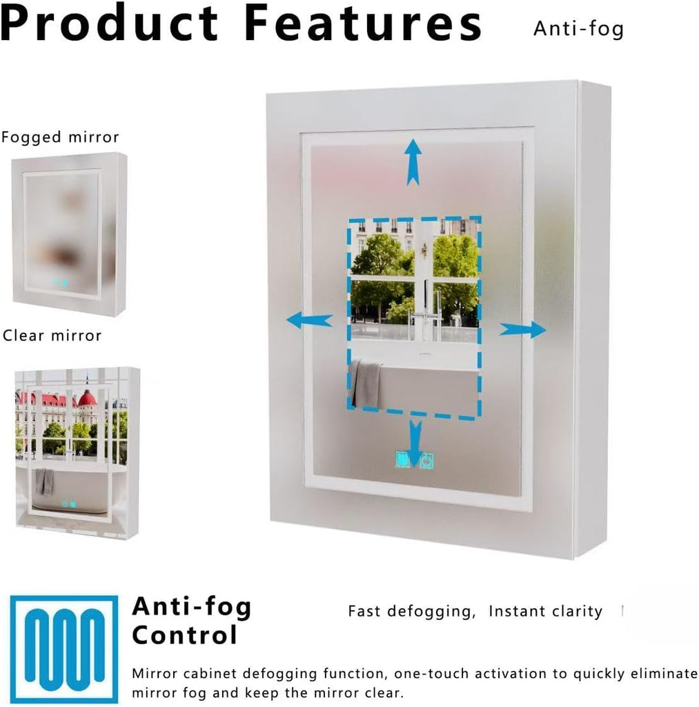 25.59" x 19.69" LED Bathroom Medicine Mirror Cabinet, Wall Mounted Single Door Aluminum Storage Cabinet with Anti-Fog