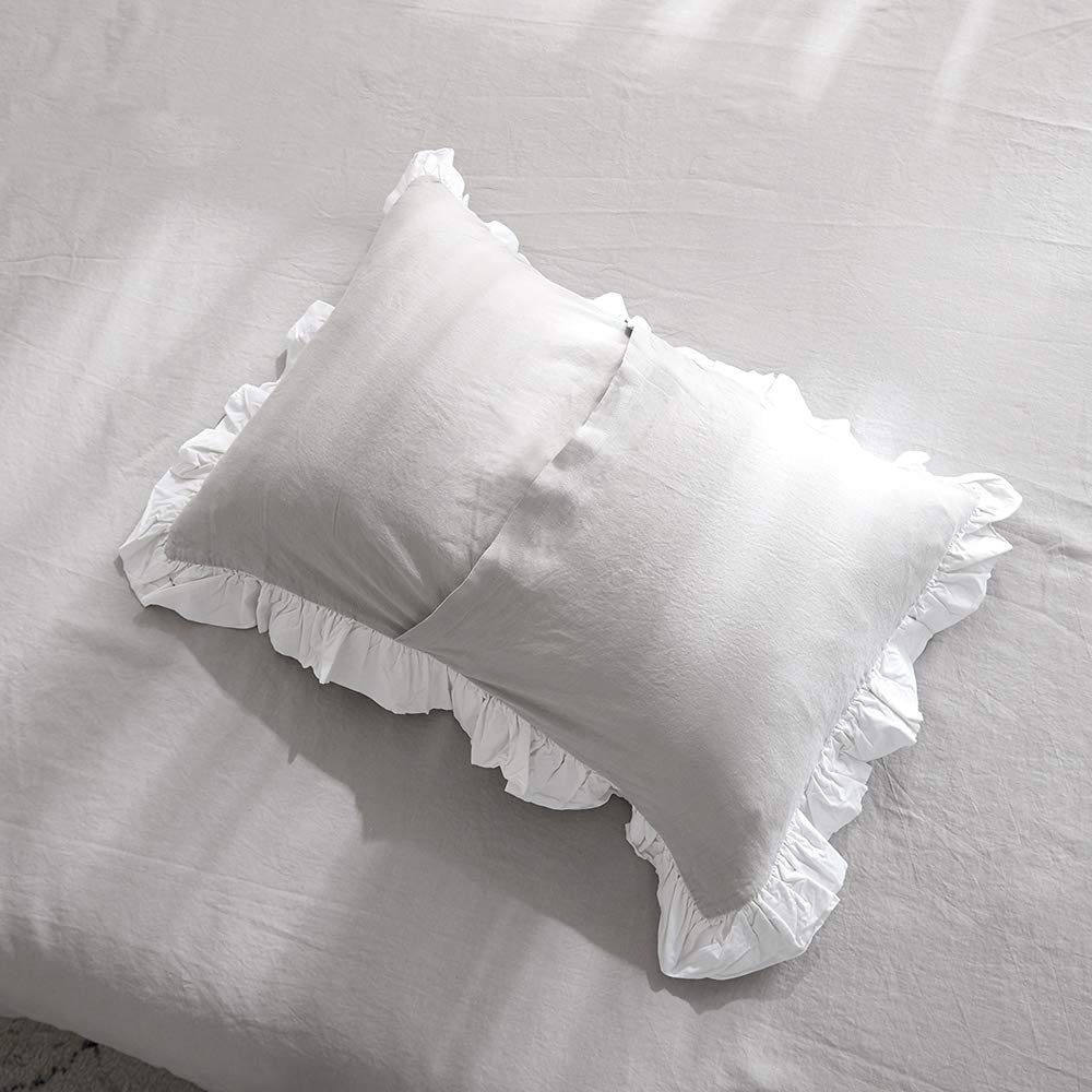 100% Linen Duvet Cover Set (68''x86'') Frill Floral Flax, Shabby Chic Ruffle Edge Lace Insert Decoration, 2